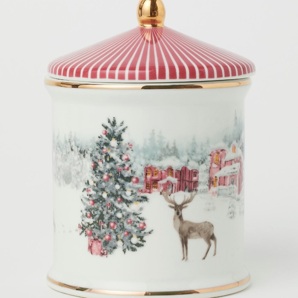 H&M PORCELAIN CHRISTMAS TRINKET JAR REINDEER SNOW TREE NEW